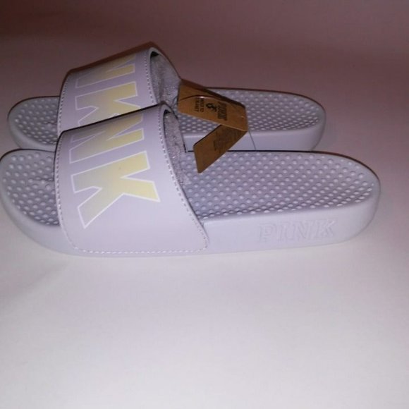 Victoria Secret PINK Slides Size Small 5 6 Gray Yellow Logo Slip On New With Tag - Picture 6 of 7